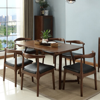 錦巣食卓純木食テーブルセットモダシンプ長方形テーブル北欧日本式レストラン家具ゴムテーブルMZDR-231胡桃色（牛角椅子）一テーブル6椅子（1.5メートル）