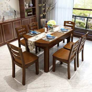 純木のテーブルとテーブルの組み合わせはシンプロモダンンの新しい中国式折りたたみたみ伸縮円形のテーブル一つ六椅子レストラン家具F一つテーブル六椅子（1.5メートル）です。