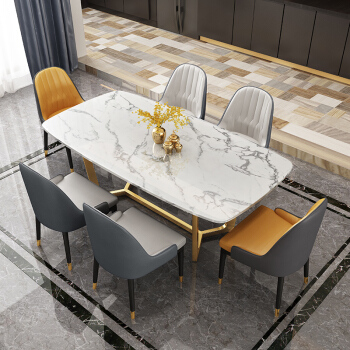金馬匠の軽奢な岩板テーブル金属ステンレスの後、モダシンプレル大理石のテーブルを食べます。家庭用のミニチュア北欧のテーブルとテーブルの組み合わせは1.5 mテーブル+6椅子の大理石/岩板の備考