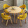 90 CM水曲色の円卓+黄色の布椅子+木目をまねるステント