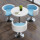 青い皮の椅子+板のテーブル60