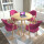 水曲色テーブル+玫红布椅子仿木纹支柱