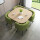 テーブル四椅子＋緑（布椅子）原木色の四角いテーブル