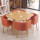 80曲角テーブルオレンジの布椅子