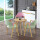 原木色のテーブルグリーンピンクの布椅子（new）